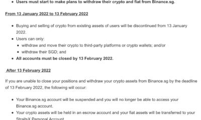바이낸스 싱가포르, 2022년 2월까지 모든 운영 중단