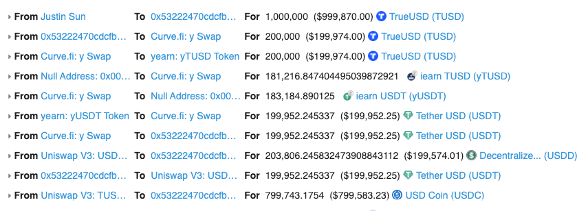 Tron의 예치금을 준비금으로 Etherscan 거래