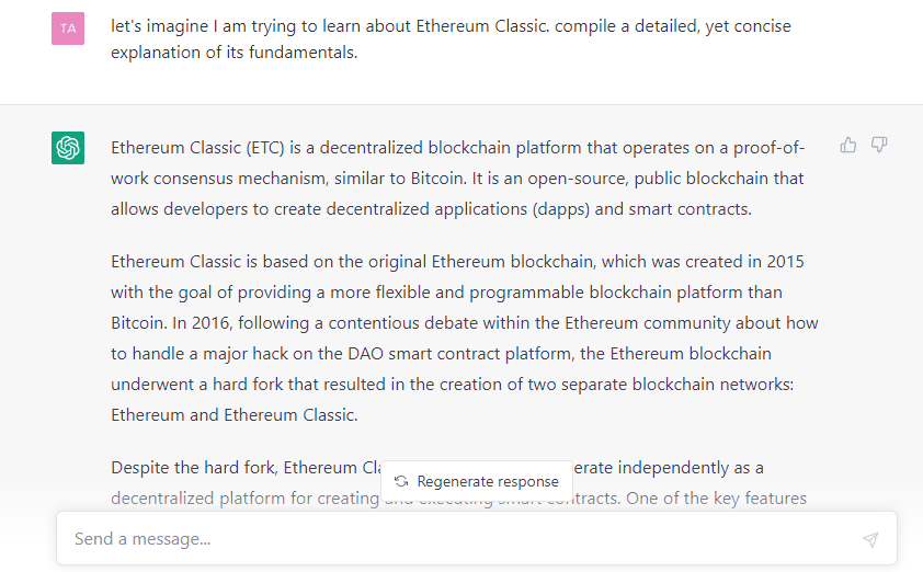 ChatGPT의 Ethereum Classic 가격 예측에 의문을 제기했는데 이렇게 되었습니다.