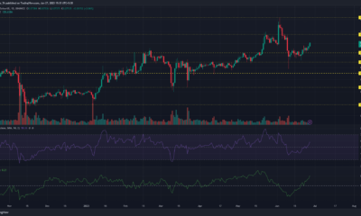 어두운 배경에 녹색 및 빨간색 막대가 있는 Tron 가격 차트