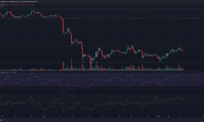 어두운 배경에 녹색 및 빨간색 막대가 있는 BNB 가격 차트