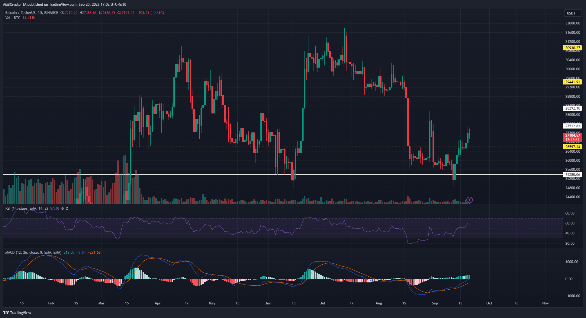 녹색 및 빨간색 막대가 있는 어두운 배경의 비트코인 ​​BTC 가격 차트입니다.