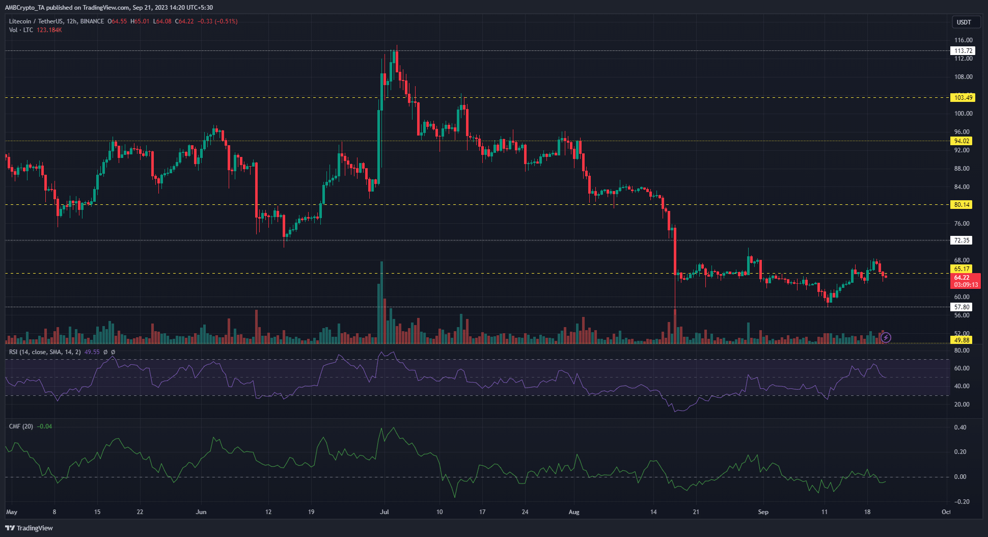 어두운 배경의 Litecoin LTC 가격 차트